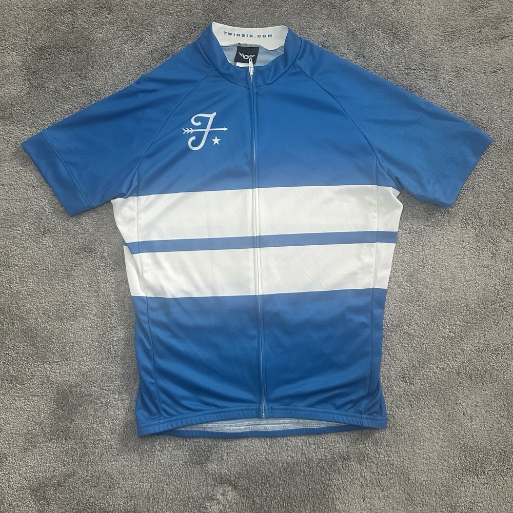 Twin Six Cycling Jersey Full Zip Mens M Medium Blue Stripe Pockets Club Raglan